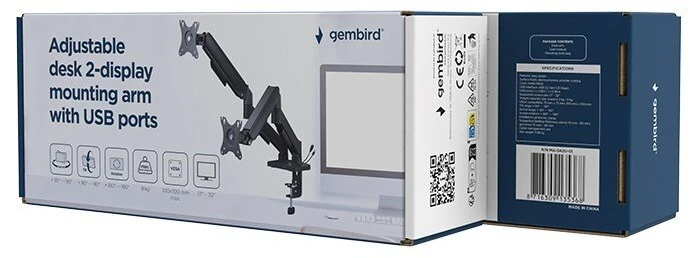 Gembird MA-DA2U-01 – Dual Monitor Arm 17"-32" me USB